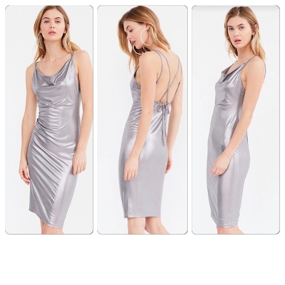 Rare London Urban Outfitters metallic silver formal backless draped dress - Picture 1 of 8